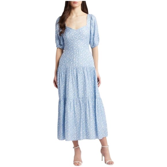 Chelsea28 Blue Floral Tiered‎ Puff Sleeve Maxi Dress Small NWT - Picture 2 of 13